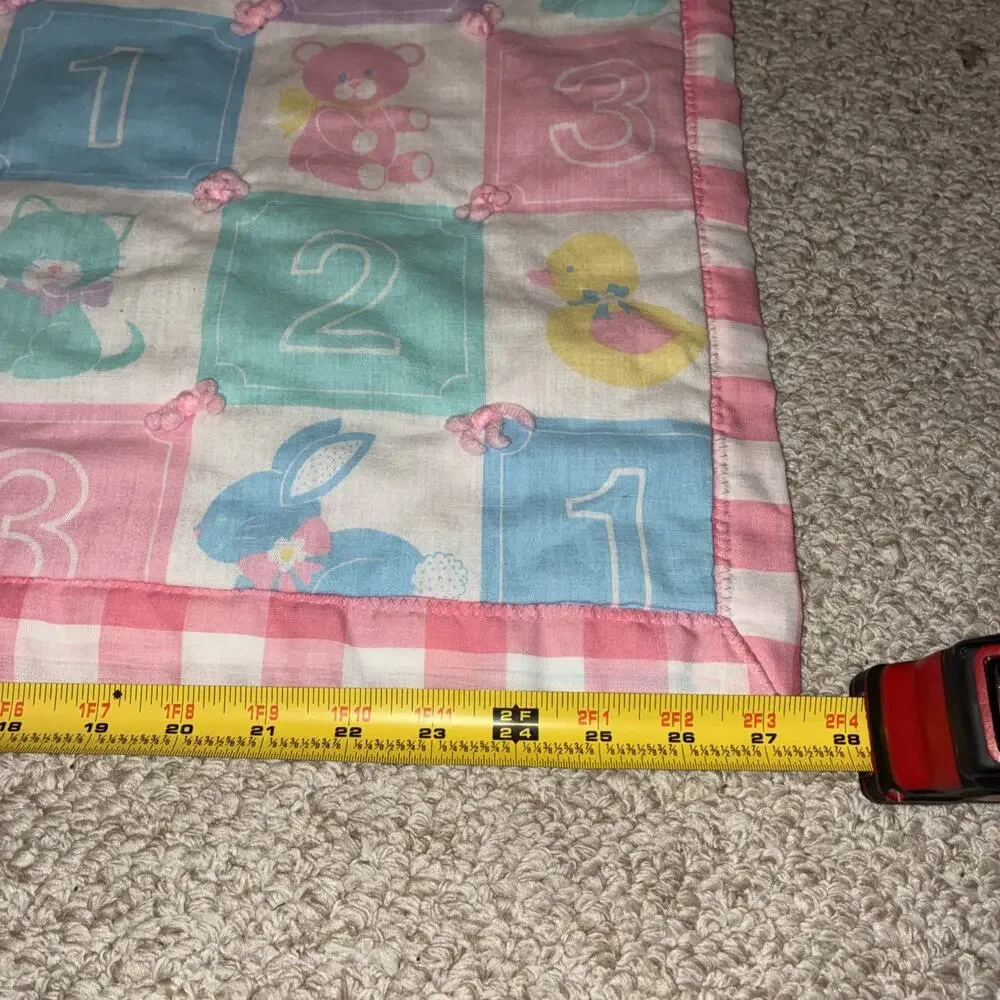 Vintage Handmade Baby Quilt Pastel Blocks Number Letter 123‎ ABC Bear Bunny Duck
